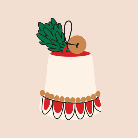 Golden ceramic bell with green branch isolated on a beige background, Christmas vector illustration holiday symbol sleighbellのイラスト素材