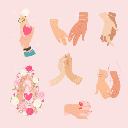 Two hands couple valentine vector set. Happy valentines day flat love romance illustration isolated on pink backgroundのイラスト素材