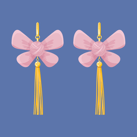 Gold dangle Chain long earring with golden chain and pink bow. Modern Trendy Women Accessories jewelry Vector flat illustrationのイラスト素材
