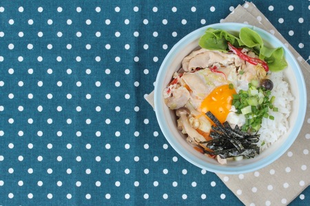 Jasmine rice is topped soft boil eggs and fried pork in Japanese style  as "Oyakodon" with side dish as sliced dried seaweed sheet and pickled gingers are Thai cuisine in Japanese style. Have text space on left.の写真素材
