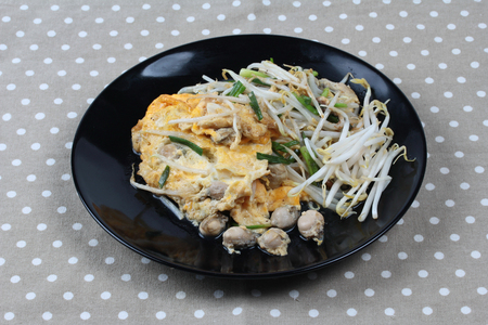 Fried oyster with bean sprouts and shallot as "Hoi Tod" in Thai served with chili sauce is popular seafood in street food and restaurant. の写真素材