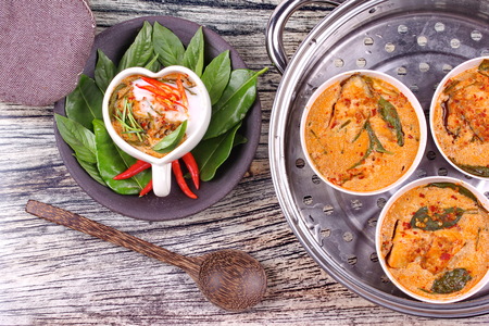 Thai food , Streamed fish curry in Heart-shaped cup call  Hor Mok Pla in Thai .の写真素材
