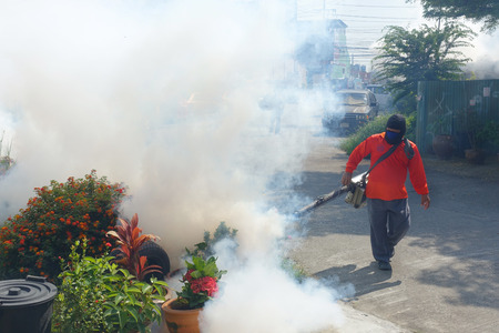 Officers are being injected smoke removal substance mosquitoes sprayer and  larvae. To prevent the...
