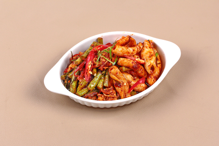 Thai recipe , Spicy fried cowpea and squid with roasted chile paste.の写真素材