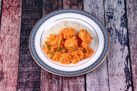 Thai Popular dessert,Sticky rice in coconut milk with stir-fried grated coconut and shrimp is popular Thai dessertの写真素材