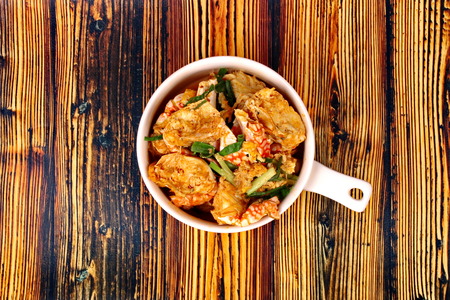 Stir-fried crab in curry powder is top-ten of popular Thai food as seafood to fried with fresh milk ,grill curry ,egg ,oyster oil and yellow curry power.の写真素材