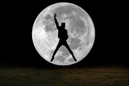 Image shadow ,Silhouette, of young cheerful jump all the way from the grass sticking out your right...