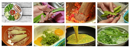 Homemade cooking of Thai popular food,Spicy shrimp paste dip as Nam Prik Kapi in Thai served with winged bean,vegetable omelet,acacia,banana blossom and sliced cucumber. Have text space on right.の写真素材