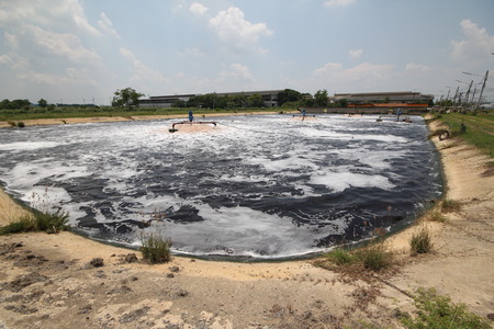 Aerated air waste water to be treated by aerator in wastewater treatment.の写真素材