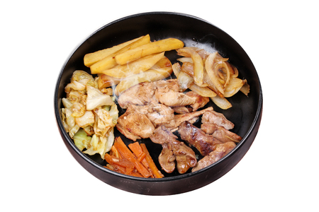 Isolated of Fried teriyaki chicken and chicken liver with butter potato and herb.の写真素材