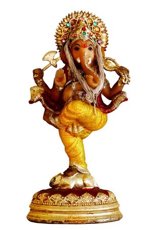 Ganesha resin statue stand shape,Lucky Legend of Ganesha, the elephant-headed Hindu god ,wear colorful Cha. Four arms holding a paper Cup holding an axe, gold greeting holding beads, below has the rat tell spinning top is on a Red Lotus Flower.の写真素材