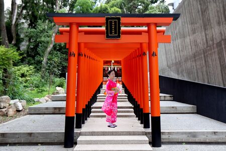 Kobe,Japan,15 July 2019,Pink kimono teenage girl stands in orange Torii arranged parallel to Ikuta shrine,Hyogoのeditorial素材