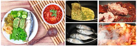 Homemade cooking ,Spicy meat and tomato dip,Nam Prik Ong in Thai,Northern style chili and tomato dip ,with side dish as fired mackarels,winged bean,cha,rolled cha omelet,pork rind,pickle lettuce and cucumber.の写真素材