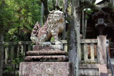 Shisa or Shishi ,Imperial guardian lions image in Japan,The male lion's jaw image for 
becky fortune came at Higashi Tenno Okazaki Shrine ,Kyoto,Japan. Selective focus.の写真素材