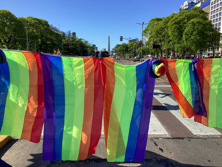Flags of the gay march in Buenos Aires and the obeliskのeditorial素材