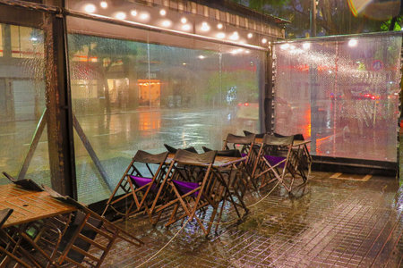 chairs of a restaurant in Buenos Aires closed due to the rain