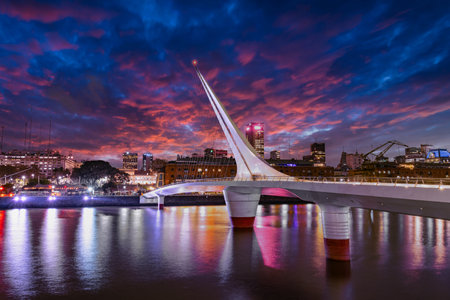 Puerto Madero and Puente de la Mujer at night tourist attraction of Buenos Airesの写真素材