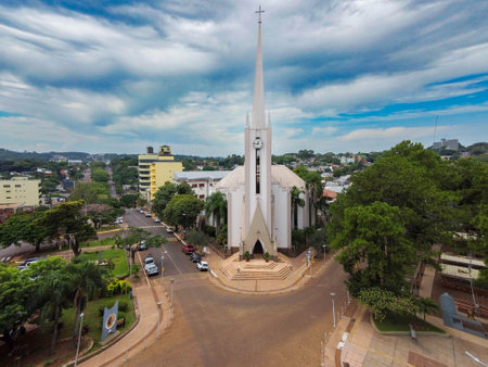 Full frontal view of Obera Cathedral, Misiones. Highlights its architecture, bell towers, and unique details. Captures the essence of this religious and cultural icon.の写真素材