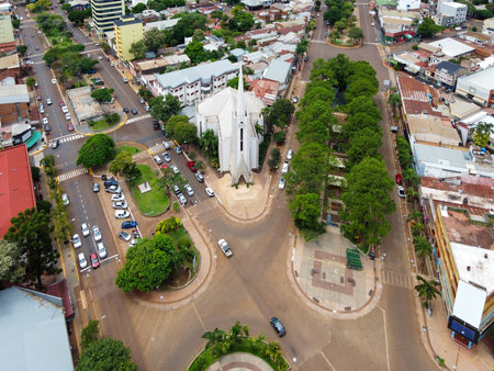 Aerial view of Saint Anthony of Padua Cathedral, Obera. Key tourist destination and meeting point, showcasing its cultural and social importance in the city.の写真素材