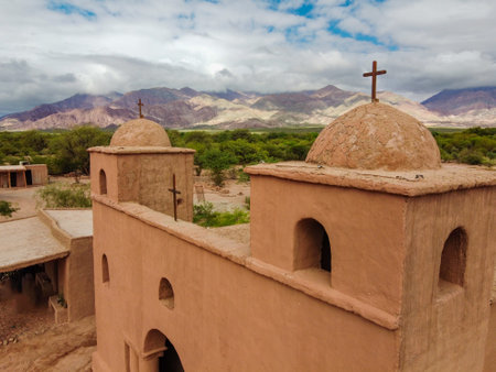 Impressive drone shot close to the towers and the cross of the Church of the Virgin of Andacollo in...