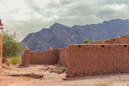 Adobe buildings with stone bases adjacent to El Mayorazgo Complex in Tinogasta, Catamarca, on the...
