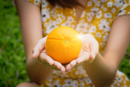 An orange present in girl handsの写真素材