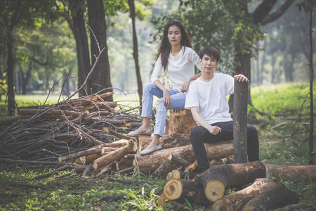 teenage students refuse cut the tree , love the earth and nature conceptの写真素材