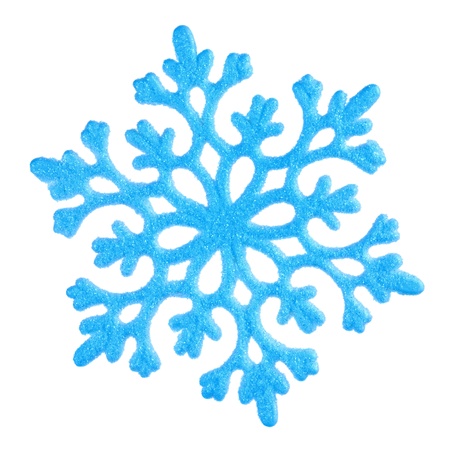 Studio close-up of a bright blue snowflake ornament on white backgroundの写真素材