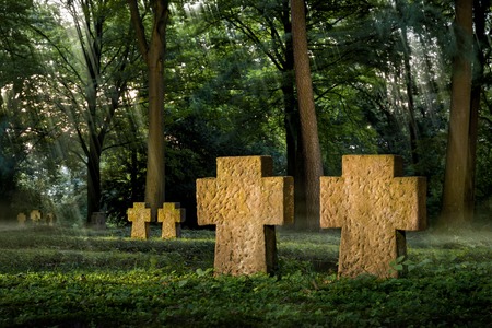 Cemetery with warmly illuminated cross shaped tombstones, while the background has a moody soft...