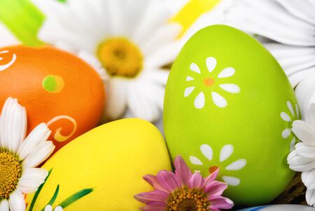 Closeup of colorful, bright Easter eggs and white spring flowers, studio shotの写真素材
