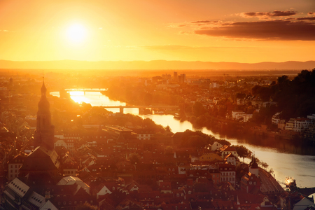 Heidelberg, Germany, romantic aerial view in gold light before sunset, with the old town and the Neckar riverの写真素材