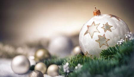 Christmas baubles closeup, shallow focus and dreamy look, elegant beige colors with copy spaceの写真素材