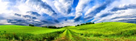 Panoramic rural landscape with idyllic vast green fields on hills and fascinating cloudscapeの写真素材