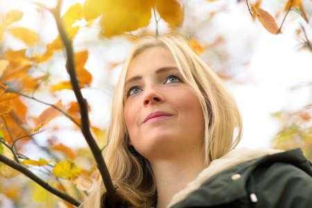 Beautiful young woman enjoying nature, smiling and looking up, framed by gold autumn leavesの写真素材