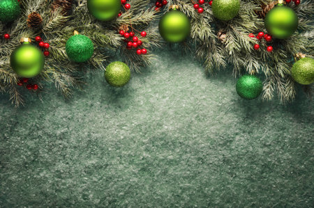 Christmas background in green, with textured copy-space and an arch-shaped border composed of fir branches, baubles and hollyの写真素材