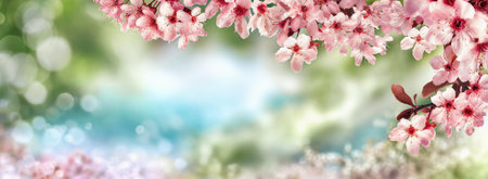 Spring backdrop with pink cherry blossoms framing beautiful bokeh nature background with green and blue tones, wide formatの写真素材
