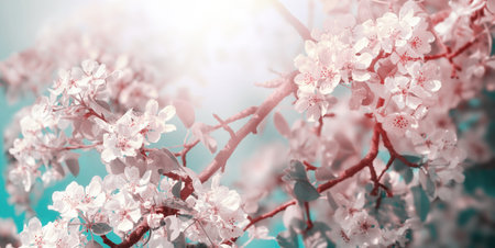 White and pink apple blossoms on a branch in beautiful sunlight with teal sky, stylized spring sceneryの写真素材