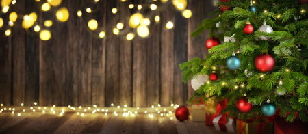 Festive elegant Christmas scene with the closeup of a nicely decorated fir tree and blue illuminated background with vignetting and copy spaceの写真素材