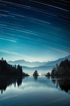 Night landscape with a beautiful lake in the Alps, village lights in front of the mountains, layers of mist and nice star trails in the dark blue skyの写真素材