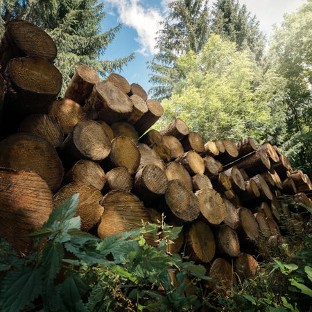 Forestry industrial shot in nature: stack of felled tree trunks in a green forest, square formatの写真素材