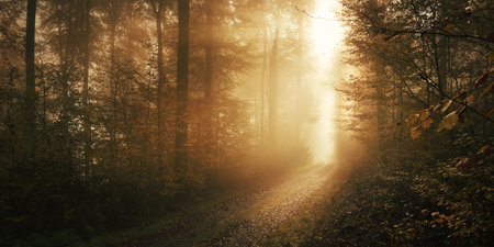 Mystical golden autumn nature scenery with sunlight shining through fog in a dreamy forest. A landscape shot with mysterious beautiful moodの写真素材