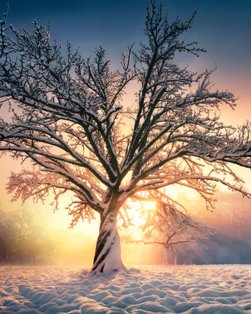 Dramatic winter scenery with the sun behind a beautiful snow covered tree, with glorious sunbeams in the golden mistの写真素材