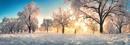 Enchanted winter wonderland, a rural landscape panorama with snow on trees and the sun shining...