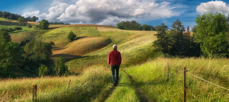 A hike in an amazing landscape with rolling hills. Hiker walking on a scenic path through beautiful meadows.の写真素材