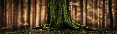Tree base with moss on large trunk and roots standing out in a forest against a panoramic blurred background with warm autumn colorの写真素材