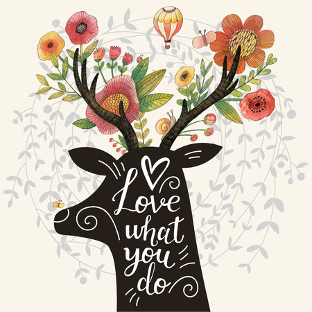 Love what you do. Incredible deer silhouette with awesome flowers in horns. Lovely spring concept design in vector. Sweet deer and flowers made in watercolor techniqueのイラスト素材