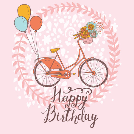 Happy birthday card in bright colors with bicycle, floral wreath, air balloons and flowers in vectorのイラスト素材