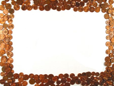Coins making a frame on white backgroundの写真素材