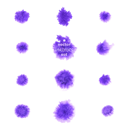 Set of Realistic Ink Blots on White Background. Violet Watercolor Spots.のイラスト素材