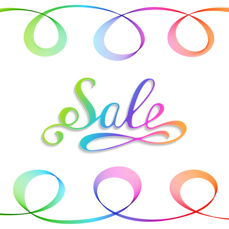 Handwritten Rainbow Inscription Sale on White Background. Advertising Sale Lettering.のイラスト素材